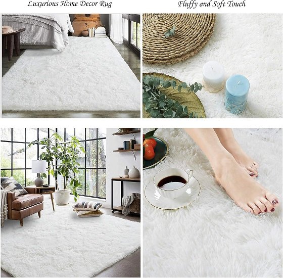 Fluffy area rug, cream shag rug, 4 x 6 feet