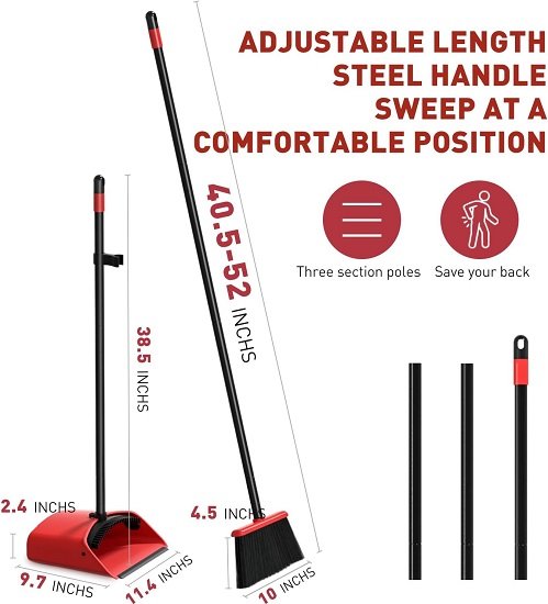 Broom and Dustpan Combo Set, Long Handled Dustpan and Brush Set - Red/Black