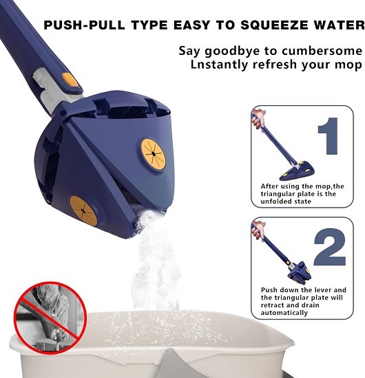 Mop Set 360° Rotatable Telescopic Adjustable Triangular Cleaning,  Wet Dry Shower Scrubber Wringer,(Blue)